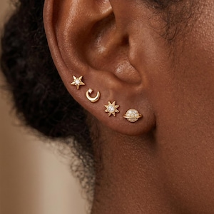 18K guldfyllda himmelska örhängen set, stjärna måne planet örhängen, CZ örhängen stapel smycken, minimalistiska örhängen present till henne