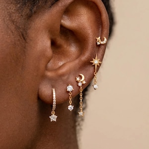 18K Gold Filled Celestial Star Moon Ear Stack Earrings Set,Dainty Huggie Hoop Stud Drop Earrings,Minimalist Gift for Her