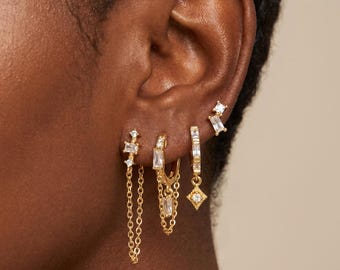 18K Gold Filled CZ Ear Stack Set,Rectangle CZ Earrings,Chain Drop Earrings,Rhombus Charm Hoops,Layered Gold Earrings Gift For Her