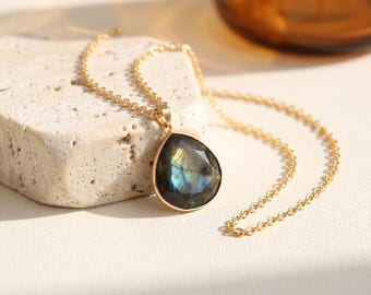 18K Gold Filled Blue Flash Stone Pendant Necklace,Teardrop Necklace,Iridescent Blue Pendant,Gold Chain Necklace,Gift for Her