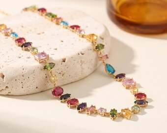 18K Gold Filled Multicolor CZ Necklace,Colorful Crystal Necklace,Geometric Statement Necklace,Gold Link Necklace,Gift for Her