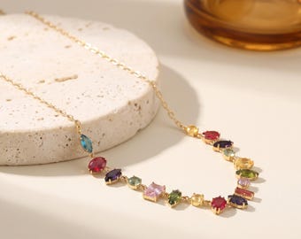 18K Gold Filled Multicolor CZ Necklace,Colorful Crystal Necklace,Geometric Statement Necklace,Gold Link Necklace,Gift for Her