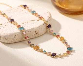 18K Gold Filled Multicolor CZ Necklace,Colorful Crystal Necklace,Geometric Statement Necklace,Gold Link Necklace,Gift for Her