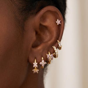 18K Gold Filled Flower Earrings Set,Pink Floral Stud Earrings,CZ Huggie Hoop Earrings,Layered Ear Stack Jewelry,Gift For Her