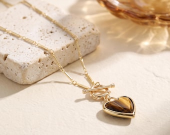 Collar con colgante de corazón marrón chapado en oro de 18 quilates, cadena con cierre de palanca, collar para uso diario, regalo para ella.
