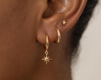 Celestial Star Earrings,18K Gold Filled North Star Hoop Earrings Set,Dainty Gold Huggie Hoops,Minimalist Ear Stack Jewelry,Gift for Her