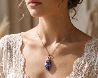 Silver Pink Blue Stone Pendant Necklace,Teardrop Necklace,Navy Blue Pink Jewelry,Silver Chain Necklace,Colorful Gift for Her