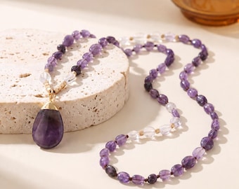 Purple Natural Stone Beaded Necklace,Long Purple Pendant Necklace,Amethyst Style Necklace,80cm Statement Necklace,Boho Jewelry