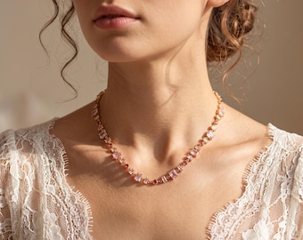 18K Gold Filled Pink CZ Necklace,Pink Crystal Necklace,Geometric Statement Necklace,Gold Link Necklace,Gift for Her