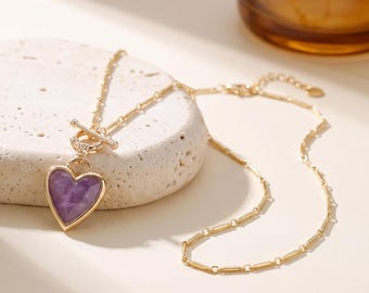 Collar con colgante de lágrima morada chapado en oro de 18 quilates, colgante color amatista, collar con colgante de oro, joyería para uso diario.