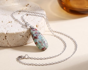 Silver Multicolor Stone Pendant Necklace,Teardrop Pendant Necklace,Green Red Blue Stone Jewelry,Silver Chain Necklace,Gift for Her