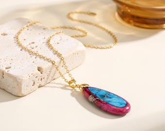 18K Gold Filled Blue Pink Stone Pendant Necklace,Teardrop Pendant Necklace,Colorful Stone Necklace,Gold Chain Necklace,Gift for Her