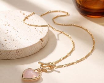 18K Gold Filled Pink Heart Necklace,Blush Pink Pendant,Gold Toggle Clasp Necklace,Romantic Heart Jewelry,Everyday Necklace Gift