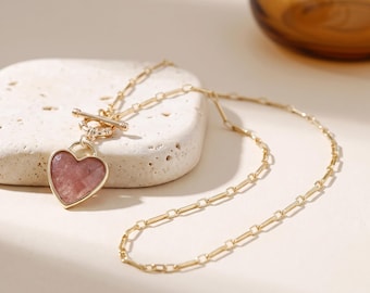 18K Gold Filled Pink Heart Necklace,Blush Stone Pendant,Gold Toggle Clasp Necklace,Romantic Jewelry,Everyday Necklace Gift
