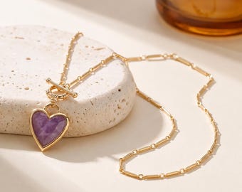 Collar con colgante de corazón morado chapado en oro de 18 quilates, cadena con cierre de palanca, collar para uso diario, regalo para ella.