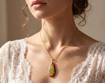 18K Gold Filled Red Green Stone Pendant Necklace,Teardrop Necklace,Colorful Pendant Jewelry,Gold Chain Necklace,Gift for Her