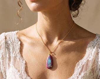 18K Gold Filled Purple Blue Stone Pendant Necklace,Teardrop Necklace,Colorful Pendant Jewelry,Gold Chain Necklace,Gift for Her