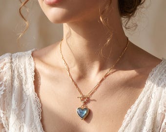18K Gold Filled Blue Heart Pendant Necklace,Blue Stone Heart Necklace,Gold Toggle Clasp Necklace,Modern Statement Jewelry,Gift for Her