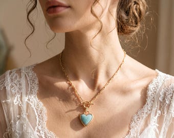 18K Gold Filled Blue Heart Necklace,Turquoise Heart Pendant,Gold Toggle Clasp Necklace,Modern Link Chain Necklace,Everyday Jewelry Gift