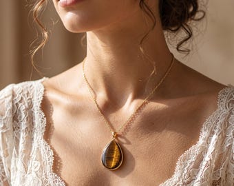 Collar con colgante en forma de lágrima marrón chapado en oro de 18 quilates, colgante estilo ojo de tigre, collar con colgante de oro, joyería para uso diario.