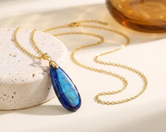 18K Gold Filled Blue Stone Pendant Necklace,Teardrop Necklace,Turquoise Blue Pendant,Gold Chain Necklace,Statement Jewelry,Gift for Her