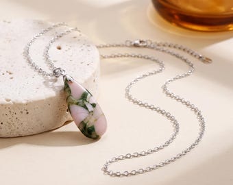 Silver Pink Green Stone Pendant Necklace,Teardrop Necklace,Marble Pattern Pendant,Silver Chain Necklace,Colorful Jewelry Gift for Her