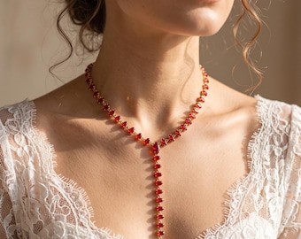 18K Gold Filled Red CZ Necklace,Red Crystal Necklace,Marquise Stone Necklace,Statement Necklace,Gold Link Necklace,Gift for Her