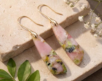 Pink Green Stone Dangle Earrings,Gold Hook Earrings,Geometric Drop Earrings,Boho Statement Earrings,Soft Color Stone Jewelry