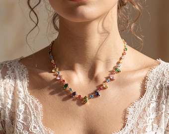 18K Gold Filled Multicolor CZ Necklace,Colorful Crystal Necklace,Geometric Statement Necklace,Gold Link Necklace,Gift for Her