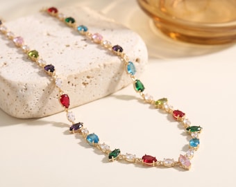 18K Gold Filled Multicolor CZ Necklace,Colorful Crystal Necklace,Geometric Link Necklace,Statement Necklace,Gift for Her