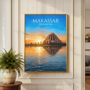 May include: A rectangular wall art print in a gold frame featuring a sunset view of the 99 Domes Mosque in Makassar, Indonesia. The image displays the mosque with its distinctive domes reflecting on the water under a vibrant orange and blue sky.