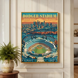 May include: A rectangular wall art print featuring a stylised illustration of Dodger Stadium in Los Angeles. The text DODGER STADIUM, CHAVEZ RAVINE, LOS ANGELES is printed at the top. The scene depicts the stadium, parking lots, and city skyline.