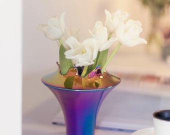 Ceramic Stoneware Vase | Iridescent Rainbow, Cracked Open Rim, Home Decor Centerpiece