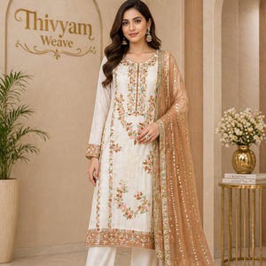 Traje Salwar blanco de seda con bordado de lentejuelas pesadas y dupatta marrón.