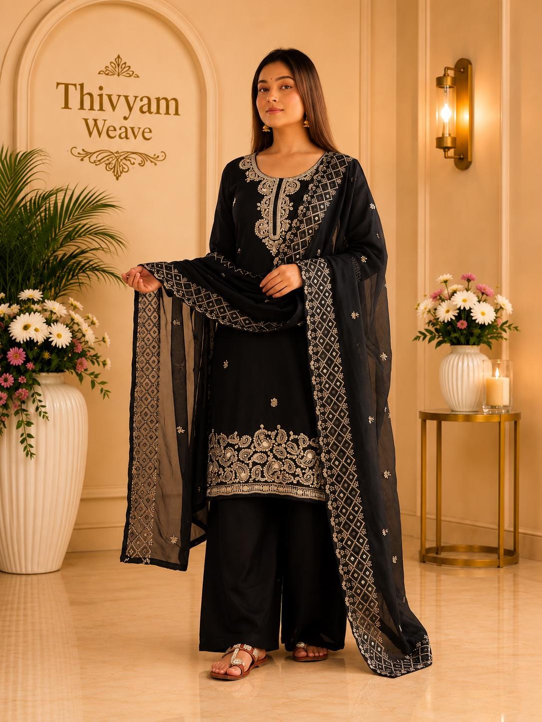 Black Silk Embroidered Straight Salwar Kameez Set with Dupatta for Women