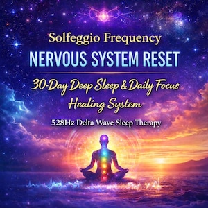 Puede incluir: Imagen con fondo cósmico y texto "Solfeggio Frequency NERVOUS SYSTEM RESET 30-Day Deep Sleep & Daily Focus Healing System 528Hz Delta Wave Sleep Therapy." Una persona meditando en el centro, con un aura colorida.
