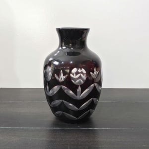 Vintage Ruby Red Cut to Clear Glass Vase, Bohemian Crystal Floral Etched Bud Vase