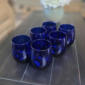 Vintage Cobalt Blue Stemless Drinking Glass, Mid Century Modern Hand-Blown Art Glass, 14 oz Tumbler, Set of 6