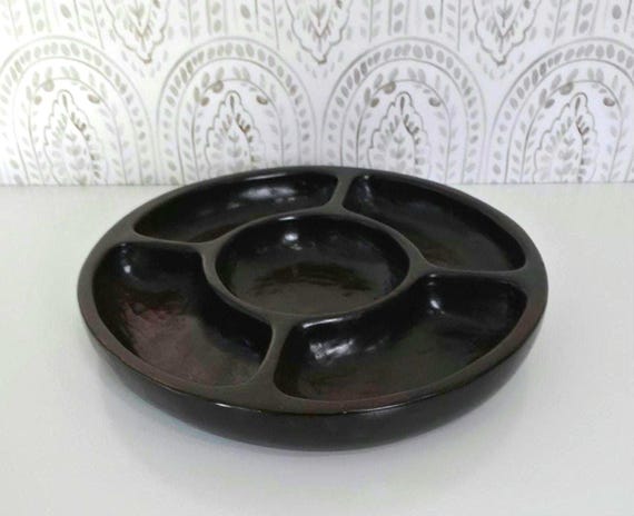 Lester Clarke Hand Carved Wooden Bowl, Mid Century Jamaican Wood Appetizer Platter, Vintage 5-Section Chip and Dip Servi