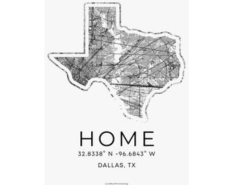 Gepersonaliseerde poster met kaart van Texas, mat verticale poster | Aangepaste naam stad en coördinaten