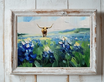 Digitale kunst Bluebonnet Longhorn | Texas Hill Country-print | Schilderij direct downloaden