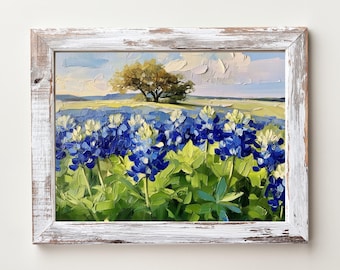 Bluebonnet Field-olieverfschilderij met eik - Texas Wildflower-landschapskunst - Spring Blues
