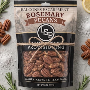 May include: A stand-up pouch of Balcones Escarpment Rosemary Pecans by Lone Star Provisioning. The black and beige bag features a clear window showing brown pecans, tied with twine, and labeled Net Wt. 8 oz (227g). Savory, crunchy, Texas made.