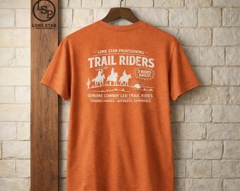 Vintage Trail Riders-cowboyshirt, western grafisch T-shirt, Lone Star Provisioning-print op achterkant
