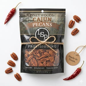 May include: A package of Piney Woods Cajun Pecans tied with twine, with a clear window showing the savory, crunchy pecans. The package is decorated with a bow and a tag that says "Made in Texas." Red chili peppers and pecans are scattered around the package.