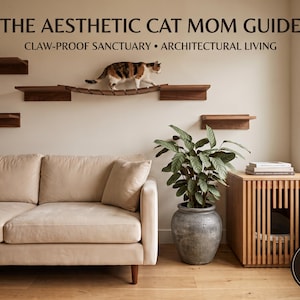 Może przedstawiać: Zestaw drewnianych półek ściennych dla kota z mostkiem, po którym przechadza się kot trójkolorowy. Tekst głosi: THE AESTHETIC CAT MOM GUIDE, CLAW-PROOF SANCTUARY, ARCHITECTURAL LIVING oraz DELUXE PDF GUIDE INCLUDED / BLUEPRINT INCLUDED.