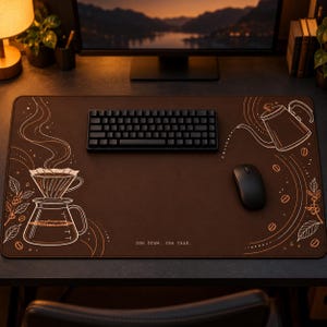 May include: A dark brown rectangular desk mat featuring copper-colored line art of a coffee dripper, a carafe, and a gooseneck kettle. The mat includes coffee bean illustrations and the text one brew. one task. centered at the bottom.