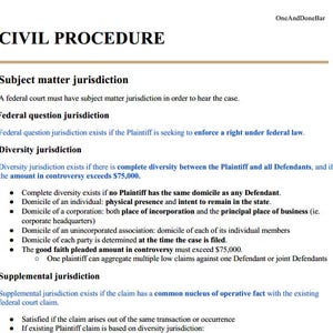 Puede incluir: Un documento titulado "PROCEDIMIENTO CIVIL" con títulos y viñetas. El texto explica la jurisdicción sobre la materia, la jurisdicción federal, la jurisdicción por diversidad y la jurisdicción suplementaria. El documento incluye el texto "OneAndDoneBar" en la esquina superior derecha.