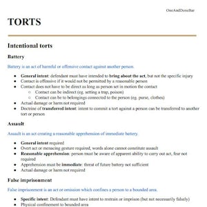 Può includere: Un documento bianco intitolato "TORTS" con i termini "Intentional torts", "Battery", "Assault" e "False imprisonment". Elenchi puntati dettagliano definizioni e requisiti legali. Il documento è di "OneAndDoneBar".