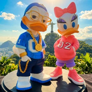 Pode incluir: Duas figuras de patos em pé juntas. A figura da esquerda usa um boné azul, óculos com armação dourada, uma camisa azul com o número 01, calções escuros e correntes douradas. A figura da direita usa um laço rosa, um capuz rosa com o número 02, calções roxos e ténis rosa.